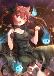 Rule 34 | 1girl, animal ears, bell, bow, braid, cat ears, cat tail, chain, corset, dress, extra ears, fang, floating skull, garter straps, gradient background, green dress, grey thighhighs, hair bell, hair bow, hair ornament, highres, kaenbyou rin, kita (kitairoha), multiple tails, open mouth, paw pose, red eyes, red hair, smile, solo, tail, thighhighs, touhou, twin braids, zettai ryouiki