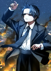Rule 34 | 1boy, arm up, belt, black belt, black hair, black necktie, black suit, blazer, blurry, blurry background, chrollo lucilfer, city, closed eyes, closed mouth, collared shirt, commentary, conductor, cowboy shot, earrings, facing viewer, fire, floating hair, formal, giba ryan, headband, highres, hunter x hunter, index finger raised, jacket, jewelry, light smile, long sleeves, male focus, necktie, night, open clothes, open jacket, outdoors, scene reference, shirt, short hair, sky, smoke, solo, star (sky), starry sky, suit, white headband, white shirt, wind, wind lift