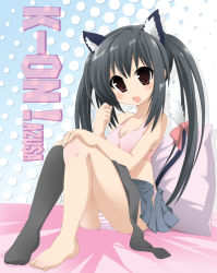 Rule 34 | 00s, 1girl, animal ears, bad id, bad pixiv id, barefoot, bell, black hair, bra, breasts, brown eyes, cat ears, cat tail, cleavage, feet, jingle bell, k-on!, kneehighs, lingerie, nakano azusa, panties, pantyshot, pillow, pink panties, ribbon, single kneehigh, single sock, sitting, skirt, small breasts, smile, socks, solo, striped clothes, striped panties, tail, tail ornament, tail ribbon, thighhighs, toes, underwear, upskirt, watanon (gakushokutei)
