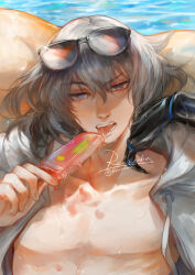 Rule 34 | 1boy, blue eyes, collarbone, eyewear on head, fate/grand order, fate (series), food, grey hair, hair between eyes, highres, holding, holding food, holding popsicle, hood, hooded jacket, jacket, licking, male focus, oberon (fate), oberon (refreshing summer prince) (fate), pectorals, pool, popsicle, renrenka noi, short hair, signature, solo, sunglasses, teeth, tongue, tongue out, upper body, water, white jacket