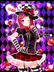 Rule 34 | 10s, 1girl, ;), argyle, argyle background, argyle clothes, blush, cake, character name, checkered clothes, checkered headwear, copyright name, food, grandia bing, hand on own hip, hat, heart, love live!, love live! school idol festival, love live! school idol project, nishikino maki, one eye closed, plaid, plaid skirt, puffy short sleeves, puffy sleeves, purple eyes, red hair, short sleeves, skirt, smile, solo, striped clothes, striped thighhighs, thighhighs, third-party source