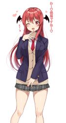 Rule 34 | 1girl, ;d, absurdres, amagi (amagi626), blazer, blush, breasts, head wings, heart, highres, jacket, koakuma, large breasts, long hair, long sleeves, nail polish, necktie, one eye closed, open mouth, plaid, plaid skirt, red eyes, red hair, shirt, simple background, skirt, smile, solo, touhou, white background, wings