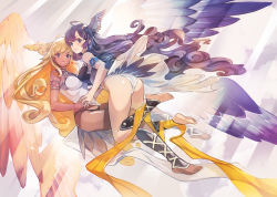 Rule 34 | 2girls, ahoge, armor, ass, bare shoulders, barefoot, black hair, blonde hair, blue eyes, blush, breasts, brown hair, closed mouth, curly hair, dark-skinned female, dark skin, doushimasho, fang, fang out, feathered wings, granblue fantasy, halluel (granblue fantasy), head wings, interlocked fingers, large breasts, leotard, light rays, long hair, looking at viewer, malluel (granblue fantasy), multiple girls, parted lips, purple wings, skin fang, skindentation, smile, sunbeam, sunlight, very long hair, wings, yellow wings