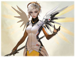 Rule 34 | 1girl, blonde hair, blue eyes, bodysuit, breasts, cowboy shot, eyelashes, frostce, gloves, halo, high ponytail, highres, holding, holding staff, lips, looking at viewer, mechanical halo, mechanical wings, medium breasts, mercy (overwatch), nose, outstretched hand, overwatch, overwatch 1, pantyhose, parted lips, ponytail, solo, staff, upper body, wings, yellow wings
