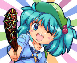 Rule 34 | 1girl, :d, :p, bad id, bad pixiv id, blue eyes, blue hair, blush, chocolate, female focus, food, happy, hat, kawashiro nitori, key, matching hair/eyes, multicolored background, one eye closed, open mouth, shirt, short hair, side ponytail, simple background, smile, solo, sweets, tongue, tongue out, touhou, two side up, wink, zipang (zip@ng works)