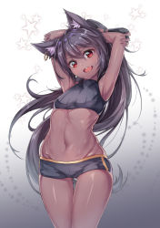 Rule 34 | 1girl, animal ears, armpits, arms behind head, arms up, black hair, borrowed character, cat ears, cenangam, crop top, dark-skinned female, dark skin, earrings, fang, flat chest, gradient background, halterneck, highres, jewelry, long hair, midriff, navel, no tail, open mouth, original, ponytail, red eyes, short shorts, shorts, single earring, sleeveless, smile, solo, thigh gap, very long hair