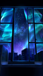 Rule 34 | absurdres, aurora, building, city, cityscape, commentary request, highres, indoors, night, night sky, no humans, original, scenery, sky, skyscraper, smile (qd4nsvik), star (sky), starry sky, window