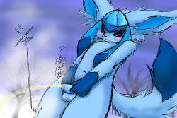 Rule 34 | 1boy, aliasing, bare tree, blue eyes, blue hair, blush, cloud, cloudy, cloudy sky, creatures (company), foreskin, furry, furry male, game freak, gen 4 pokemon, glaceon, gradient background, japanese text, long hair, male focus, matching hair/eyes, navel, nintendo, nude, outdoors, peeing, penis, pokemon, pokemon (creature), sky, small penis, solo, steam, tail, testicles, text focus, translation request, tree, uncensored, winter