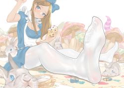 Rule 34 | 1girl, absurdres, alice (alice in wonderland), alice in wonderland, animal, apron, arm up, blonde hair, blue eyes, bow, breasts, card, cleavage, cleavage cutout, clock, clothing cutout, club (shape), commentary request, diamond (shape), dress, feet, food, unworn footwear, frown, hair bow, head tilt, heart, highres, holding, holding food, long hair, looking at viewer, mary janes, medium breasts, mushroom, no shoes, pantyhose, parted bangs, perspective, playing card, rabbit, shoes, unworn shoes, sitting, solo, spade (shape), toes, white pantyhose, yomu (sgt epper)