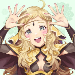 Rule 34 | 1girl, ahoge, arms up, blonde hair, circlet, commentary request, facing viewer, fire emblem, fire emblem fates, grey eyes, looking at viewer, mojakkoro, nintendo, open mouth, ophelia (fire emblem), smile, solo, swept bangs, teeth, turtleneck, upper body, upper teeth only