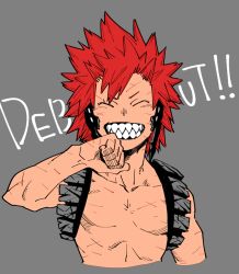 Rule 34 | 10s, 1boy, boku no hero academia, cropped torso, english text, closed eyes, grey background, grin, kirishima eijirou, male focus, red hair, scrape, sharp teeth, topless male, simple background, smile, solo, spiked hair, teeth, upper body, wiping face, yoshi (leftmoon)