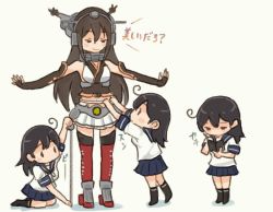 Rule 34 | 2girls, afterimage, ahoge, arm guards, book, boots, collar, comic, commentary request, crop top, girdle, hair between eyes, headgear, holding, holding book, holding pen, kantai collection, kneeling, long hair, measuring, multiple girls, nagato (kancolle), navel, outstretched arms, pen, pleated skirt, saiguchi otoufu, short sleeves, skirt, sleeveless, smile, spread arms, standing, tape measure, thighhighs, translation request, ushio (kancolle)
