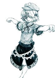 Rule 34 | 1girl, :p, ballpoint pen (medium), beret, female focus, fusion, hair ribbon, hat, highres, miyako yoshika, monochrome, outstretched arms, ribbon, rumia, sketch, skirt, solo, spread arms, takeuma, tongue, tongue out, touhou, traditional media