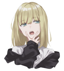 Rule 34 | 1other, androgynous, black jacket, cunnilingus gesture, eyes visible through hair, green eyes, hand to own mouth, jacket, long sleeves, medium hair, off shoulder, open mouth, oral invitation, original, shirt, simple background, solo, unapoppo, upper body, white background, white shirt