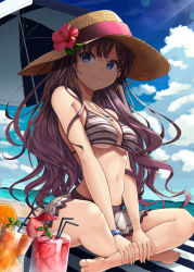 Rule 34 | 1girl, :3, barefoot, beach, beach towel, beach umbrella, bikini, blue eyes, bracelet, breasts, brown hair, cleavage, cloud, commentary request, covered erect nipples, cup, day, earrings, food, from below, fruit, full body, hat, ichinose shiki, idolmaster, idolmaster cinderella girls, jewelry, long hair, looking at viewer, looking to the side, medium breasts, migimaki (migi mawashi), navel, necklace, ocean, orange (fruit), outdoors, parasol, sitting, sky, smile, solo, straw hat, strawberry, striped bikini, striped clothes, sun hat, swimsuit, towel, umbrella, underboob, water, wavy hair