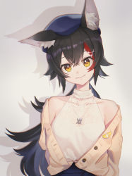 Rule 34 | 1girl, animal ear fluff, animal ears, beret, black hair, blue hat, brown eyes, brown jacket, closed mouth, collarbone, commentary request, covered collarbone, drop shadow, eyebrows hidden by hair, grey background, hair between eyes, hair ornament, hairclip, hat, head tilt, highres, hololive, jacket, long hair, looking at viewer, low ponytail, multicolored hair, off shoulder, ookami mio, ookami mio (street), open clothes, open jacket, ponytail, red hair, see-through, shirt, sleeveless, sleeveless shirt, smile, solo, streaked hair, tugo, upper body, very long hair, virtual youtuber, white shirt, wolf ears, x hair ornament
