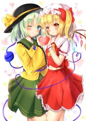 Rule 34 | 2girls, ;), arm garter, ascot, black hat, blonde hair, blue eyes, blush, bow, closed mouth, cowboy shot, crystal, eyeball, flandre scarlet, frilled shirt collar, frilled sleeves, frills, from side, green hair, green skirt, hat, hat bow, hat ribbon, heart, heart of string, highres, komeiji koishi, long sleeves, looking at viewer, looking to the side, mob cap, mogupuchi, multiple girls, navel, one eye closed, orange eyes, puffy short sleeves, puffy sleeves, red bow, red skirt, red vest, ribbon, shirt, short sleeves, side ponytail, skirt, skirt set, smile, third eye, touhou, vest, wide sleeves, wings, wrist cuffs, yellow ribbon, yellow shirt