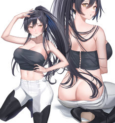 1girl :o ass bare_shoulders black_footwear black_hair black_nails blush boots breasts butt_crack cleavage closed_mouth earrings from_behind hand_up highres idolmaster idolmaster_shiny_colors jewelry kneeling large_breasts long_hair looking_at_viewer nail_polish pants parted_lips ponytail shirase_sakuya shougun_(chuckni1) sleeveless smile thigh_boots thighhighs thighs white_background white_pants yellow_eyes