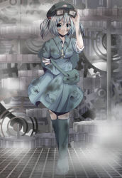 Rule 34 | 1girl, adjusting goggles, bag, blue eyes, blue hair, boots, dirty, female focus, gears, goggles, hair bobbles, hair ornament, hat, hiro (pqtks113), kawashiro nitori, key, looking at viewer, matching hair/eyes, rubber boots, satchel, short hair, smile, solo, standing, touhou, twintails, two side up