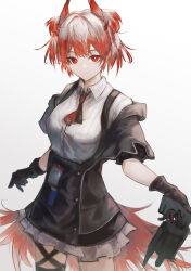 Rule 34 | 1girl, aiv, arknights, black skirt, commentary, cowboy shot, fiammetta (arknights), gradient background, grey background, high-waist skirt, highres, looking at viewer, necktie, petticoat, pointy hair, red eyes, red hair, red necktie, shirt, short hair, short sleeves, skirt, smile, solo, standing, thighs, white shirt