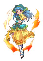 Rule 34 | 1girl, alphes (style), apron, aqua apron, arm ribbon, between fingers, blue hair, blue ribbon, chisel, dairi, dress, fire, full body, green headwear, haniyasushin keiki, head scarf, highres, holding, jewelry, long hair, looking at viewer, magatama, magatama necklace, necklace, open mouth, parody, pocket, puffy short sleeves, puffy sleeves, purple eyes, ribbon, sandals, short sleeves, solo, style parody, tachi-e, tears, tools, torn clothes, torn dress, touhou, transparent background, wood carving tool, yellow dress