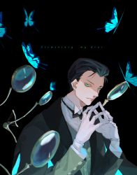 Rule 34 | absurdres, azisaiharumaki56, text background, black background, black bow, black hair, blue butterfly, bow, bowtie, bug, butterfly, closed mouth, coat, collared shirt, commentary request, fate/grand order, fate (series), formal, gloves, green eyes, hair slicked back, highres, insect, jacket, long sleeves, looking at viewer, magnifying glass, male focus, sherlock holmes (fate), shirt, short hair, simple background, smile, steepled fingers, suit, upper body, white gloves, white shirt