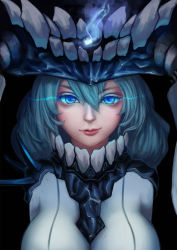 Rule 34 | 10s, 1girl, abyssal ship, bad id, bad pixiv id, blue eyes, bodysuit, breasts, cape, eyelashes, glowing, glowing eyes, hair between eyes, headgear, highres, kantai collection, light smile, lips, long hair, looking at viewer, nose, portrait, rhasta, silver hair, smirk, solo, wo-class aircraft carrier