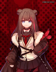 Rule 34 | 1girl, alalen, animal ears, arknights, armband, artist name, bear ears, black collar, blue eyes, brown coat, brown hair, brown shirt, brown skirt, coat, collar, cowboy shot, dated, fur-trimmed coat, fur trim, long sleeves, looking at viewer, multicolored hair, neckerchief, open clothes, open coat, red background, red hair, red legwear, red neckerchief, school uniform, shirt, skirt, solo, straight-on, streaked hair, vest, watermark, white vest, zima (arknights), zoom layer
