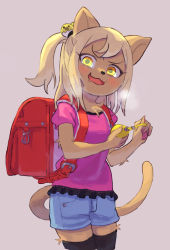 Rule 34 | 1girl, animal ears, backpack, bag, blonde hair, blouse, blue shorts, blush, breath, cat ears, cat tail, child, crime prevention buzzer, drooling, female focus, furry, furry female, grey background, hair bobbles, hair ornament, highres, one side up, open mouth, original, purple shirt, randoseru, shirt, shorts, simple background, smile, solo, tail, thighhighs, tomato marukazi, yellow eyes, zettai ryouiki