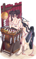 Rule 34 | agent (girls&#039; frontline), bare shoulders, barefoot, black hair, blush, breasts, cleavage, collarbone, commentary, double bun, english commentary, full body, girls&#039; frontline, hair between eyes, hair bun, hand up, highres, large breasts, long hair, looking at viewer, mixed-language commentary, nail polish, off shoulder, popoman, purple nails, red eyes, sangvis ferri, smile, solo, thighs, toenail polish, toenails, v