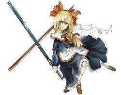 Rule 34 | 1girl, blonde hair, blue eyes, doll, doll joints, dress, female focus, full body, joints, ribbon, ross (clumzero), shanghai doll, simple background, solo, sword, touhou, weapon, white background