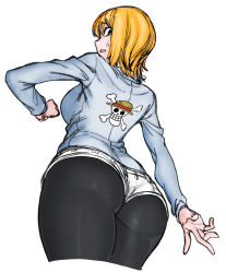 Rule 34 | 1girl, ass, back, black eyes, black pantyhose, blouse, blue shirt, breasts, chromatic aberration, colorfag, colorized, cowboy shot, cropped legs, derivative work, from behind, from below, fuse ryuuta, long sleeves, looking at viewer, looking back, nami (one piece), one piece, open mouth, orange hair, pantyhose, shirt, short hair, short shorts, shorts, solo, spacezin, sweatdrop, thighs, third-party edit, wide hips