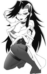 Rule 34 | 1girl, breasts, choker, corset, gamonkoubou, glasses, lab coat, large breasts, lipstick, long hair, looking at viewer, makeup, monochrome, no shoes, on one knee, outstretched arm, simple background, solo, thighhighs, white background