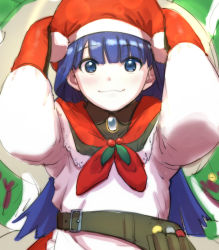 Rule 34 | 1girl, aoba (smartbeat), apron, belt, blue eyes, breasts, brooch, brown shirt, fate/grand order, fate (series), hat, jewelry, long hair, long sleeves, looking at viewer, martha (fate), martha (santa) (fate), mittens, off shoulder, pouch, purple hair, red hat, red skirt, santa hat, shirt, skirt, small breasts, smile, solo, white apron