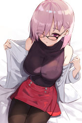 Rule 34 | 1girl, bare shoulders, blush, breasts, fate/grand order, fate (series), glasses, hair over one eye, highres, jacket, large breasts, light purple hair, long sleeves, looking at viewer, mash kyrielight, mash kyrielight (chaldea park caravan), off shoulder, official alternate costume, open mouth, purple eyes, see-through, seon (seonon ), short hair, simple background, solo, white background