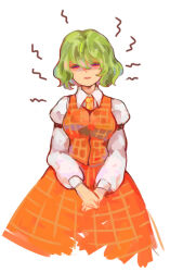 Rule 34 | 1girl, breasts, collared shirt, commentary, cowboy shot, green hair, hair between eyes, half-closed eyes, juliet sleeves, kanon (rsl), kazami yuuka, long bangs, long sleeves, looking at viewer, medium breasts, own hands together, parted lips, pink eyes, plaid, plaid skirt, plaid vest, puffy sleeves, red skirt, red vest, shaded face, shirt, short hair, simple background, skirt, skirt set, smile, solo, touhou, vest, white background, white shirt