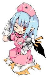 Rule 34 | 1girl, bat wings, blue hair, blush, commentary, dress, fang, full body, gloves, hand to head, hands up, hat, holding, holding stethoscope, kneehighs, kneeling, looking at viewer, name tag, notice lines, noya makoto, nurse, nurse cap, one eye closed, open mouth, orange eyes, pink dress, pink hat, pointy ears, remilia scarlet, short hair, short sleeves, skin fang, smile, socks, solo, stethoscope, touhou, white gloves, white socks, wings