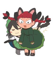 Rule 34 | 2girls, :3, animal ears, bird wings, black hair, blunt bangs, blush, blush stickers, bow, braid, brown eyes, cape, cat ears, cat tail, chibi, citrus (place), commentary request, dress, floating hair, flustered, full-face blush, full body, green dress, hair between eyes, hair bow, hair ribbon, half-closed eyes, highres, jitome, juliet sleeves, kaenbyou rin, long sleeves, multiple girls, multiple tails, nekomata, pigeon-toed, puffy sleeves, red hair, reiuji utsuho, ribbon, simple background, tail, touhou, tress ribbon, twin braids, two tails, v-shaped eyebrows, white background, wide-eyed, wings
