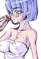 Rule 34 | 1girl, breasts, cleavage, covered erect nipples, cum, cum on eyewear, facial, foreskin, glasses, impossible towel, naked towel, penis, penis on face, solo focus, towel, uncensored, white background
