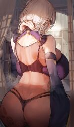 Rule 34 | 1girl, absurdres, alicia renato (yashiro sousaku), ass, bare shoulders, bodysuit, bra, breasts, commission, commissioner upload, curtains, detached sleeves, from behind, highres, huge breasts, indoors, looking to the side, marse (rokudaime), original, see-through, shelf, short hair, sitting, solo, thong, underwear, wide sleeves, yashiro sousaku