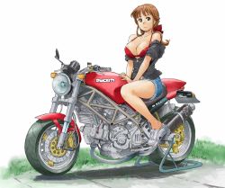 Rule 34 | 1girl, bow, bra, breasts, cleavage, cutoffs, denim, denim shorts, ducati, engine, exhaust, grass, green eyes, isomoto tsuyoshi, large breasts, lingerie, motor vehicle, motorcycle, no socks, off shoulder, original, red hair, shoes, short shorts, shorts, sleeves pushed up, sneakers, solo, tiles, tire, underwear, vehicle