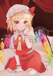Rule 34 | 1girl, absurdres, ascot, blonde hair, blurry, blurry background, closed mouth, commentary, crystal, curtains, flandre scarlet, full body, hat, hat ribbon, highres, indoors, looking at viewer, mob cap, nahoshi (sevenstar744), on bed, rainbow order, red eyes, red ribbon, red skirt, red vest, ribbon, seiza, shirt, short sleeves, sitting, skirt, smile, solo, touhou, vest, white hat, white shirt, wings, wrist cuffs, yellow ascot