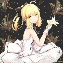 Rule 34 | 1girl, :o, ahoge, artoria pendragon (all), artoria pendragon (fate), bare shoulders, black background, black bow, blonde hair, blush, bow, dress, fate/stay night, fate/unlimited codes, fate (series), flower, gloves, green eyes, hair between eyes, hair bow, holding, holding flower, lily (flower), looking at viewer, looking to the side, parted lips, pleated dress, ponytail, rocm (nkkf3785), saber lily, sidelocks, sleeveless, sleeveless dress, solo, twitter username, white dress, white flower, white gloves, yellow flower