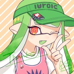 Rule 34 | 1girl, commentary request, commission, eyelashes, fang, green eyes, green hat, hat, inkling, inkling girl, inkling player character, inuowour, lock, long hair, nintendo, one eye closed, open mouth, pointy ears, red eyes, smile, solo, splatoon (series), thank you, visor cap, w