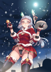 Rule 34 | 10s, 1girl, alternate costume, bell, black gloves, black thighhighs, blush, breasts, capelet, christmas, cleavage, cloud, cloudy sky, from below, full moon, fur trim, garter straps, gloves, headgear, hiememiko, highres, holding, kantai collection, long hair, looking at viewer, microskirt, moon, murakumo (kancolle), night, outdoors, santa costume, short sleeves, sidelocks, silver hair, skirt, skirt set, sky, small breasts, smile, solo, thighhighs, thong, upskirt, yellow eyes