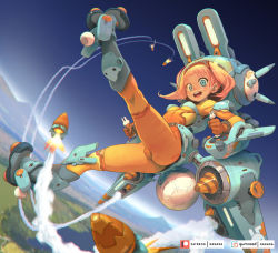 Rule 34 | 1girl, animal ears, blue eyes, blue sky, bodysuit, breasts, carrot, commentary, contrail, controller, dark-skinned female, dark skin, dutch angle, english commentary, fake animal ears, fake tail, firing, flying, full body, helmet, horizon, itano circus, joystick, kneepits, looking at viewer, missile, orange bodysuit, original, pink hair, power suit, rabbit ears, rabbit tail, itano circus, short hair, short twintails, skin tight, sky, small breasts, smile, solo, spacesuit, tail, teeth, thrusters, twintails, upper teeth only, visor, xaxaxa