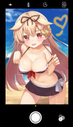 Rule 34 | 10s, 1girl, bare shoulders, beach, bikini, bikini skirt, black bikini, black ribbon, black skirt, blonde hair, blue sky, blush, braid, breasts, camera phone, cellphone, cleavage, cloud, collarbone, commentary request, day, front-tie top, hair flaps, hair ornament, hair ribbon, hairclip, highres, kantai collection, kneeling, large breasts, leaning forward, long hair, looking at viewer, messy hair, naughty face, navel, ocean, outdoors, phone, pleated skirt, red eyes, ribbon, rokuroku (xd p), single braid, skirt, sky, smile, solo, strap pull, swimsuit, tongue, tongue out, water, yuudachi (kancolle), yuudachi kai ni (kancolle)