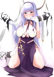 Rule 34 | 1girl, azur lane, bare shoulders, blunt bangs, blush, breasts, cleavage, closed mouth, detached arm, dido (anxious bisque doll) (azur lane), dido (azur lane), dress, gloves, hairband, hand up, highres, kneeling, large breasts, long hair, looking at viewer, multiple hands, nephthys2356, purple dress, purple eyes, ribbon, sidelocks, silver hair, simple background, smile, thighs, very long hair, white background, white gloves