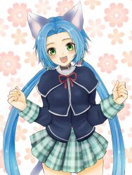 Rule 34 | 1girl, :d, animal ears, blue hair, cat ears, floral background, flower, green eyes, hair flower, hair ornament, higemaccho, highres, long hair, looking at viewer, low twintails, meracle chamlotte, open mouth, pleated skirt, skirt, smile, solo, star ocean, star ocean the last hope, tail, twintails