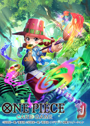 Rule 34 | 1girl, attack, bashikou, black shirt, blush stickers, bracelet, child, commentary request, copyright name, eating, food, forest, full body, hat, highres, holding, holding brush, holding palette, jewelry, looking at viewer, miss goldenweek, nature, necklace, official art, one piece, one piece card game, open clothes, open shirt, palette (object), pantyhose, red hair, red shorts, senbei, shirt, shoes, short sleeves, shorts, sneakers, solo, striped clothes, striped pantyhose, twintails